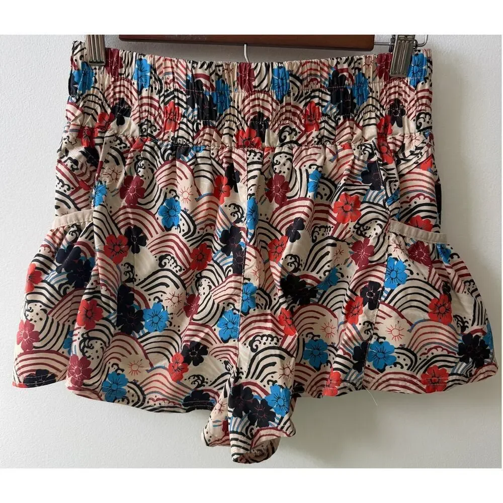 Free People Floral Wave Print Smocked Waist Shorts in Beige, Blue, Red, Black